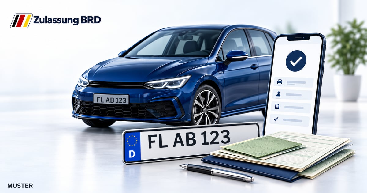 Online Fahrzeugzulassung in Flensburg: Musterkennzeichen FL AB 123, Auto und Fahrzeugpapiere und Smartphone. Illustration mit Logo von Zulassung BRD.